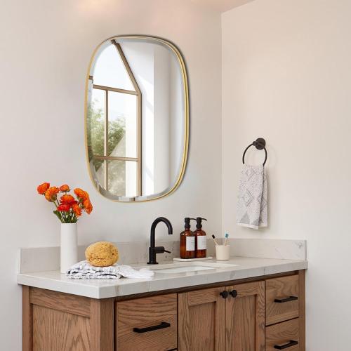 POZINO Brushed Gold Mirror, 20x30 Brass Beveled Mirrors for Bathroom, Rounded Rectangle Mirror, Modern Vanity Wall Mirrors in Premium Stainless Steel Frame Hangs Horizontal Or Vertical