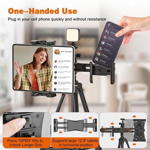 iPad Tripod Mount Adapter with 1/4 Ball Head for LED Ring Light, Microphone, and 2 Clamp Mount for iPad mini, Air, All 4.7-12.9 Lightweight Tablets and Smartphones