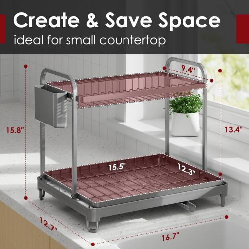 2-Tier Dish Drying Rack - Stainless Steel Dish Rack with Cutlery & Utensil Holders for Kitchen Counter, Sink Organization and Storage for Small Family, 16.7 W x 12.7 L x 15.8 H,**** Gray****