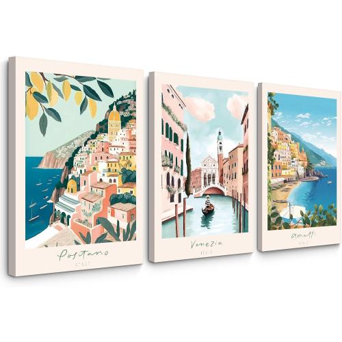 Italy Amalfi Coast Wall Art Italian City Canvas Wall Decor Italy Travel Landscape Wall Art Posters Blue Venice Beach Painting Pictures Italian Modern Artwork for Home 16x24 Inch Framed Set of 3