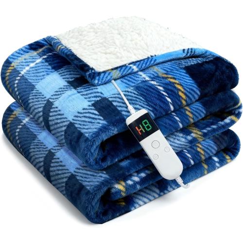 Electric Blanket Heated Throw, Soft Flannel 50x60 Plaid Heating Blanket with 8 Hours Auto Off 10 Fast Heating Levels Machine Washable Sherpa Heated Blanket with Overheating Protection