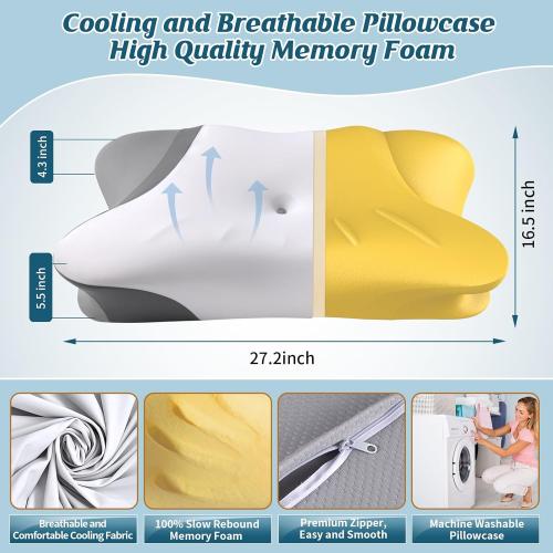 Cervical Neck Pillow for Pain Relief - Ergonomic Bed Pillow for Sleeping, Contour Orthopedic Memory Foam Pillows for Neck Support, Cooling Side Sleeper Pillow for Back Stomach Sleepers with Pillowcase