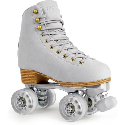 Size 9 Color Grey Roller Skates for Women or Men with Height Adjustable Rubber Stoppers Retro Suede Quad Roller Skates for Outdoor and Indoor