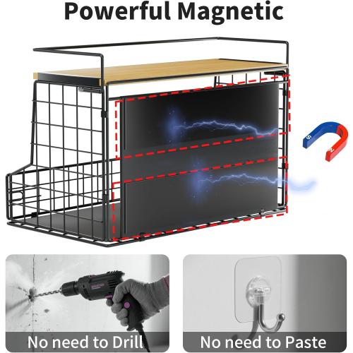 Magnetic Shelf for Fridge, Large Container Magnetic Spice Rack for Refrigerator, Fruit Potato and Onion Storage Bins, Magnetic Basket with Wood Lid, Kitchen Counter, Cabinet