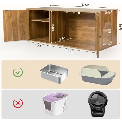 Cat Litter Box Enclosure Furniture with Storage, Hidden Litter Box Cabinet 42.5L x 18.5W x 16.9H, Double as Cat House TV Stand End Table for Living Room, Midcentury Modern Style (Pine, Plain Doors)