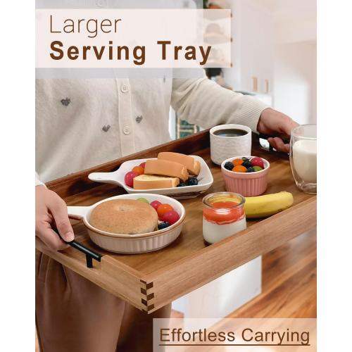 22 Inches Acacia Wood Serving Tray with Metal Handles, Large Wooden Rectangle Ottoman Tray, Decorative and Durable Design for Living Room Coffee Table Couch Kitchen