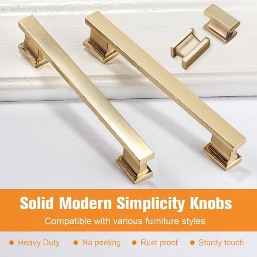 5 Pack Square Brushed Brass Cabinet Pulls, 5 Inch(128mm) Hole Centers Brushed Gold Cabinet Handles Hardware for Kitchen Cupboard Closet Bathroom Dresser Drawer, Solid Zinc Alloy