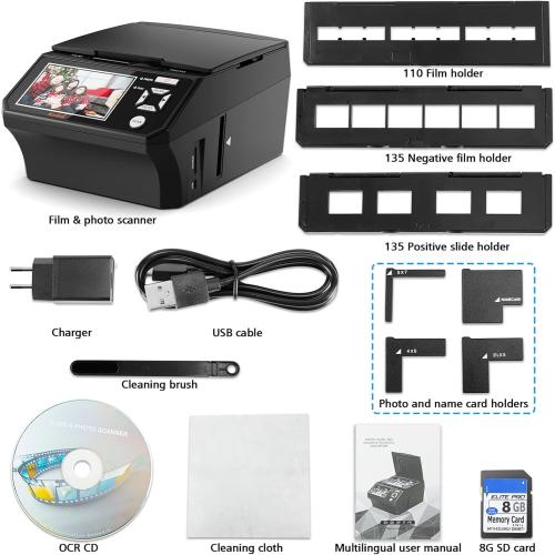Photo,NameCard,Slide & Negative Scanner with Large 5 LCD Screen,Film and Slide Digitizer-Convert 35mm,110 Film/Photo(3R,4R,5R)/NameCard to 22MP Digital JPEG-8GB SD Card Included