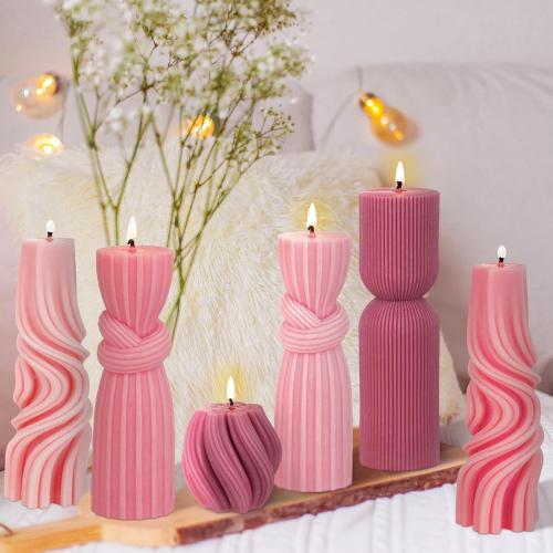 Threlaco 6 Pcs Pink Pillar Candles Decorative Modern Aesthetic Ribbed Candle Set Cute Soy Wax Scented Ribbed Decor Valentine's Commemorative Gift for Home Decoration(2.36-6.69 Inch)