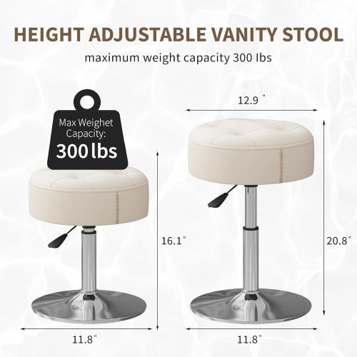 ACEQLYT® Vanity Stool with High-Density Non-Sagging Foam & Metal Base, Vanity Chair for Makeup Room, Height Adjustable 360° Swivel Ottoman, White PU Leather Makeup Chair for Bedroom, Bathroom