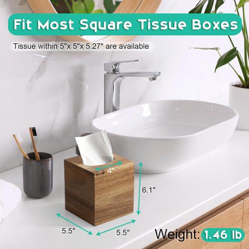 ALELION Tissue Box Cover Square - Acacia Wood Tissue Box Holder for Tabletop Night Stands Bathroom Office - Decorative Facial Cube Tissue Box Cover for Modern Farmhouse Decor