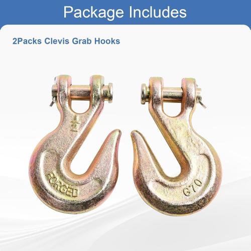 1/2 Inch 2Pcs Clevis Grab Hooks Grade 70 Chain Hook 12000 Lbs Working Load Limit for Trailer Truck Transport, Yellow Zinc Finish