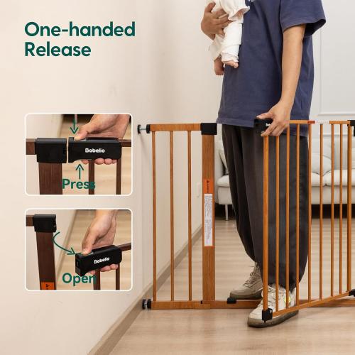 Babelio 29-48 Metal Baby Gate with Brown Wood Pattern, Auto Close Dog Gate PressGuard P7 for The House, Stairs and Doorways, Pressure Mounted Pet Gate with Door, Safety Gate for Child and Pets