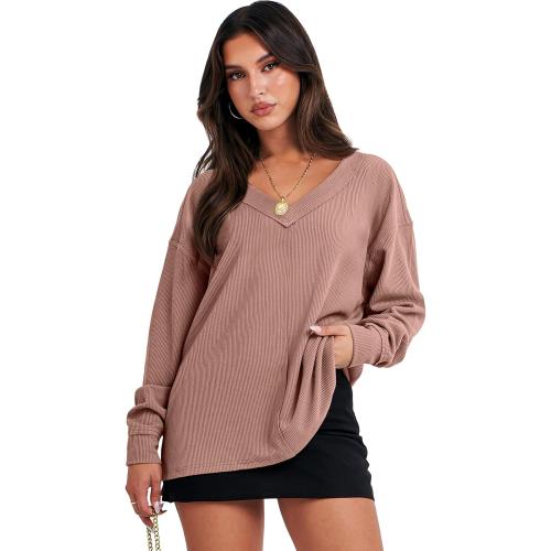 Size M ANRABESS Oversized Long Sleeve Shirts for Women Off the Shoulder Sweatshirt Loose V Neck Tunic Tops High Low Sweater 2025