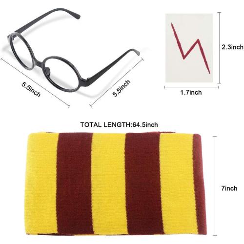 HLenyoy Novelty Scarf Wizard Glasses with Round Frame No Lenses 12 PCs Lightning Bolt Tattoos for Kids Christmas Birthday Party Cosplay Costume Accessories