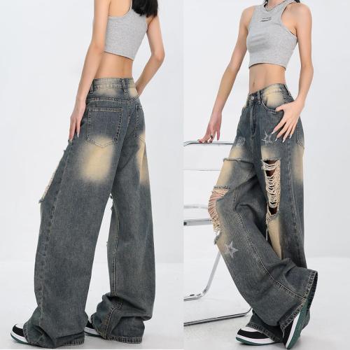 Size S/M Fashion Vintage High Waisted Baggy Wide Leg Ripped Jeans Y2K Star Washed Casual Straight Leg Denim Pants