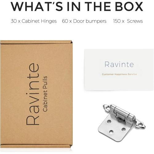Ravinte 30 Pack (15 Pairs) 1/2 inch Overlay Cabinet Hinges, Self-Closing Semi-Concealed Face Mount, Satin Nickel Decorative Hardware with Door Bumpers for Kitchen & Cupboard Doors, Silver