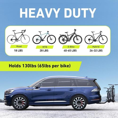 Black Vibrelli Hitch Bike Rack - 2 Ebike Rack - Fits Fat Tire, Mountain Bike, Electric Bikes, Road - 65lbs per Bike - Patented Anti-Wobble - Cars & SUV - Tilting Folding Platform Car Racks, 2-Inch Receiver