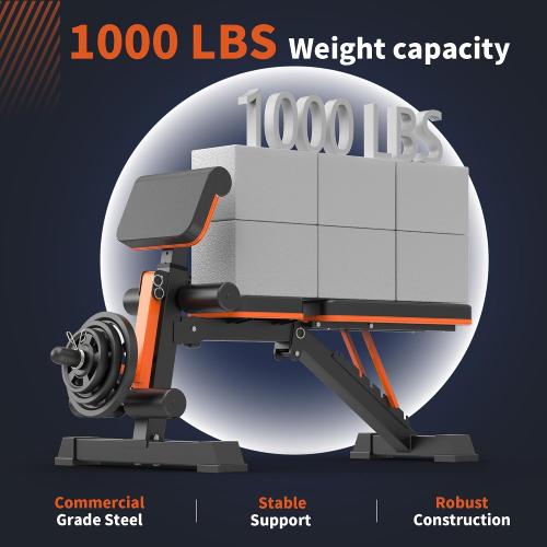 Black and Orange Adjustable Weight Bench - 1000LBS Heavy Duty Foldable Workout Bench Press with Leg Extension and Preacher Pad, Flat/Incline/Decline, Sit Up Bench for Full Body Strength Training at Home Gym