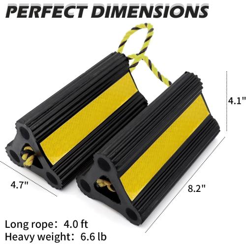Wheel Chocks for RV Trailer Travel Camper Truck Car, Sturdy Heavy Duty Simple Easy to Use, Rubber Tires Block Stopper Chock with Rope and Yellow Reflective Tape Trailer RV Accessary(2set4pack)