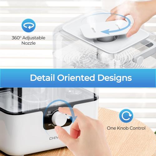 CHIVALZ Humidifiers for Bedroom, 6L Cool Mist Humidifiers for Baby Nursery, 26dB Quiet, 50H Runtime, Top Fill Humidifier for Large Room, Home, Plants, Nightlight, Oil Diffuser 1 Pack White