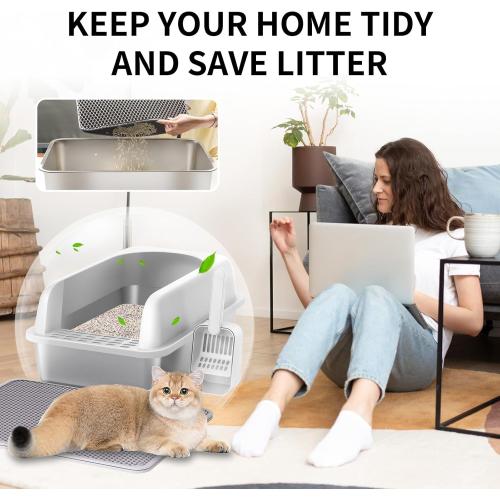 Prodigen Stainless Steel Cat Litter Box with Lid High Wall Sides Enclosure, Non-Sticky, Anti-Leakage, Easy Cleaning, with Cat Mat & Metal Scoop, 19.6 L x 14 W x 12 H