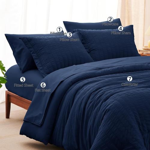 CozyLux Queen Comforter Set **Navy Blue** Seersucker 7 Pieces Bed in a Bag Queen Comforter Set with Sheets Luxury Soft Bedding Set with Down Alternative Comforter, Sheets, Pillowcases & Shams All Seasons