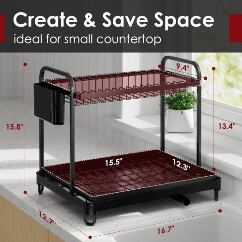 2-Tier Dish Drying Rack - Stainless Steel Dish Rack with Cutlery & Utensil Holders for Kitchen Counter, Sink Organization and Storage for Small Family, 16.7 W x 12.7 L x 15.8 H, Black***