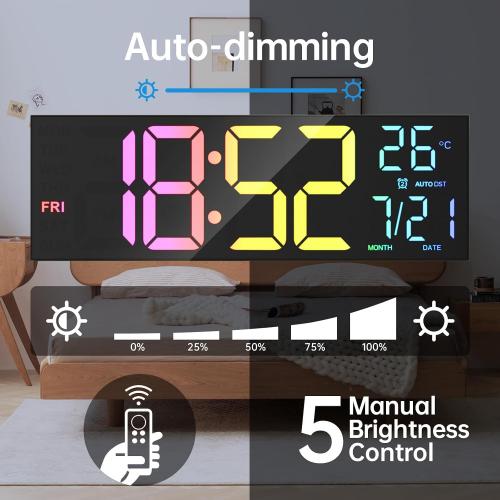 Digital Wall Clock Large Display, 13 Large Digital Wall Clock with RGB Color Remote Control, Automatic Brightness Dimmer Big Clock with Night Lights, Auto DST, Date Week,Perfect for Gift