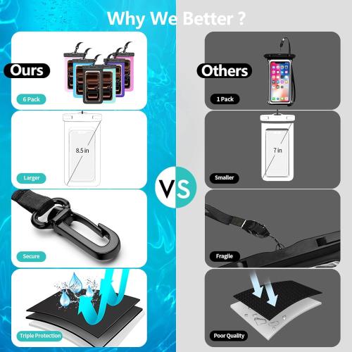 6 Pack 8.5 Waterproof Cell Phone Pouch - Underwater Dry Bag Case Lanyard - Water Proof Clear Holder Protector for iPhone 17 16 15 Pro Max Plus Samsung Galaxy S25 S24 Ultra Note for Beach Swimming