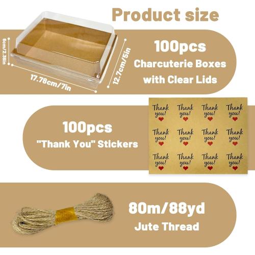 100 Pack 7x5 Inches Charcuterie Boxes with Clear Lids, Paper Bakery Boxes with Window Take Out Containers for Salads, Strawberries, Cookies and Treats (Brown)