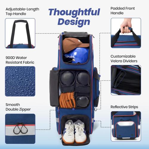 Fanwoli Rolling Baseball Bag with Wheels, Large Softball Catchers Gear Bags for 4 Bats (Fits Up To 32), Separate Shoe Compartment, Safety Reflective Strip, Fence Hook, Portable Bag for Youth & Adult