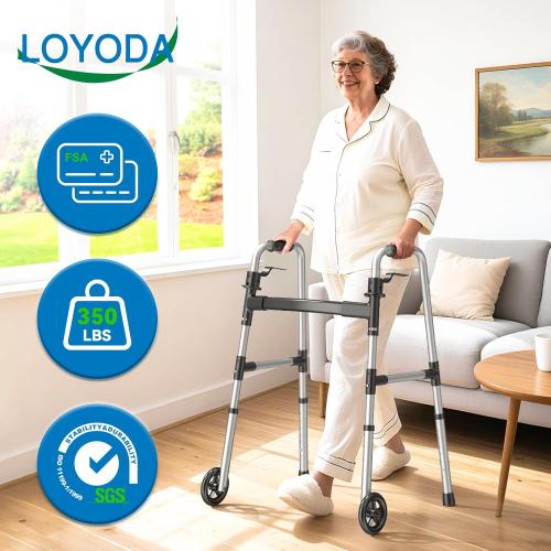 Folding Walker with 2 Skis and 5 Wheels, Lightweight Walkers for Seniors and Adults, Supports Up to 350 Pounds, Adjustable Height, Compact Standard Walker, Black