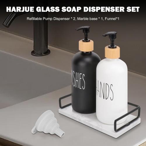 Color White and Black  Glass Soap Dispenser Set, Refillable Dish Soap Pump Dispenser, Kitchen Bathroom Counter Shampoo Conditioner Dispenser (with Marble Tray)