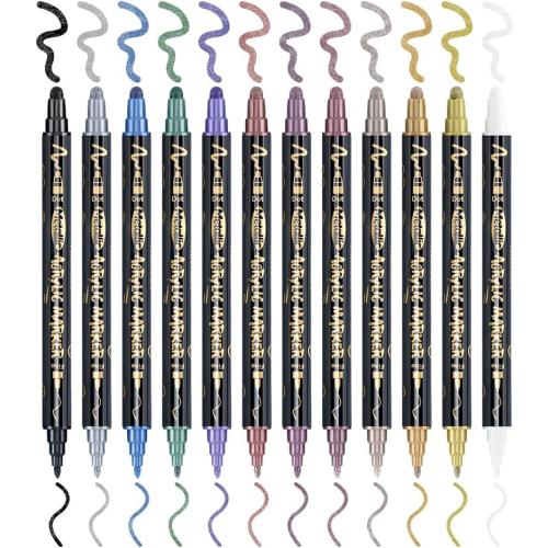 TRANSON 12Colors Metallic Paint Markers Bold and Fine Dual-tip for Rock Wood Ceramic Canvas DIY Painting Drawing