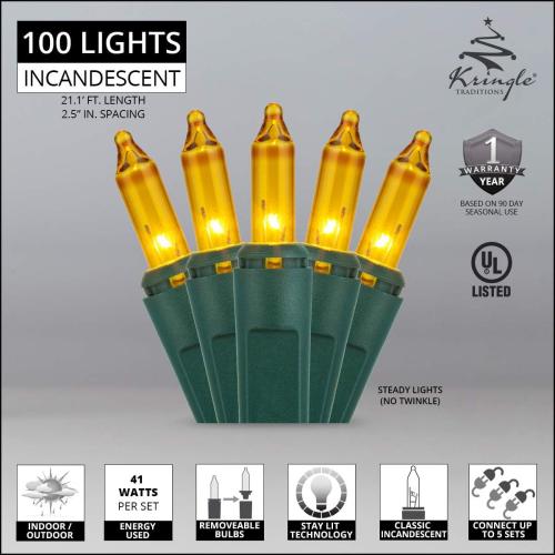 Incandescent Mini String Lights, Indoor Mini Tree Lights, Outdoor Christmas Mini Lights, Colorful Christmas Mini Lights, Green Wire (100 Lights / 2.5” Spacing / 21 Ft, Gold)
