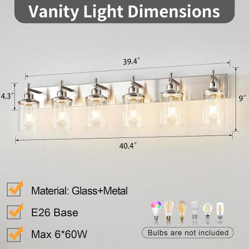6-Light Brushed Nickel Bathroom Light Fixture Over Mirror Modern Bathroom Vanity Light Vintage Wall Lighting with Clear Glass Shade for Bathroom, Bedroom, Hallway, Cabinet