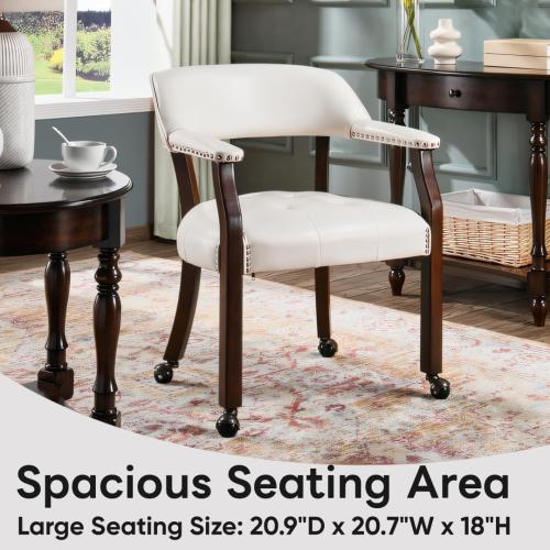 LEEMTORIG Large Dining Chairs with Casters and Arms, Rolling Dining Chairs with Wheels, Accent Game Poker Chairs, Wood Boss Caption's Chairs, 26“Dx25.2 Wx31.5“H, Cherry Legs & Ivory PU, SY-1533-WT
