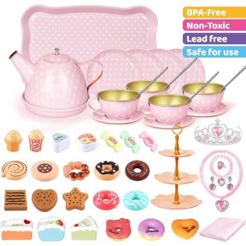 Tea Party Set for Little Girls, 49PCS Princess Tea Time Toys Including Tea Set Dessert Carrying Case, Kids Kitchen Pretend Playset, Tea Set for Girls Birthday Toddler Age 3-8, Pink