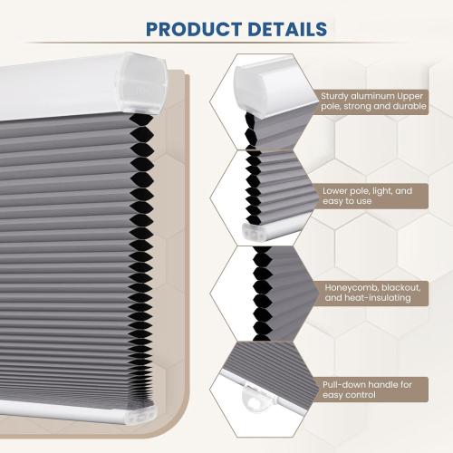 Color Grey Grandekor Cellular Shades Cordless, Honeycomb Blinds Blackout Thermal Insulated, Pull Down Window Shade for Bedroom, Easy Lift & Lower Room Darkening Blinds, White-White
