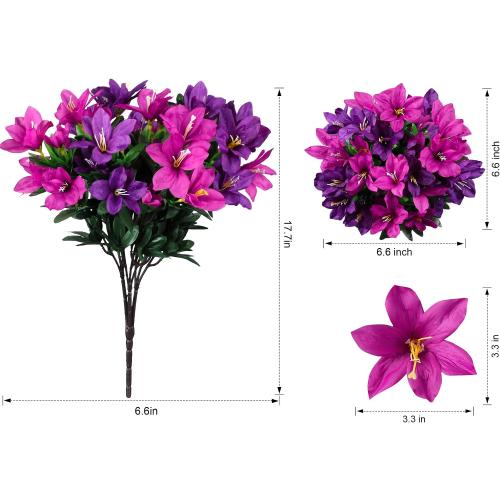 INSPRING Artificial Fake Flowers for Outdoors Fall Decoration, 3 Bundles Realistic Outdoor Faux Azalea Plants UV Resistant Silk Flowers for Outside Planter Patio Porch Garden Yard Home Decor
