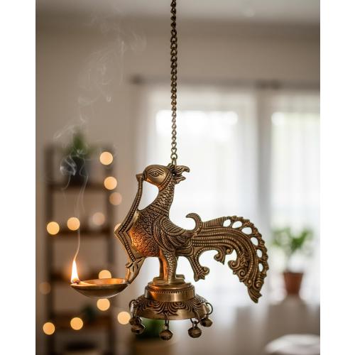 eSplanade Brass Diya Indian Pooja lamp| Hanging Brass Deepak Deepam Kuthu Vilakku| with Bells (Peacock).
