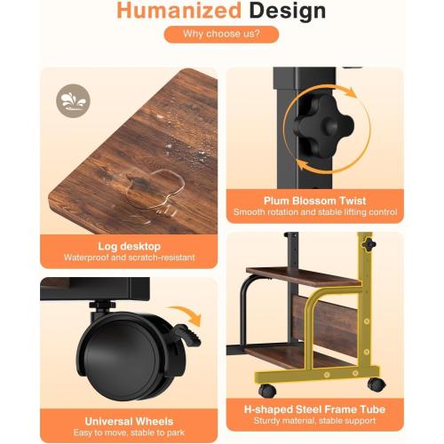 QZMDSM Portable Rolling Desk on Wheels Adjustable Height Desks for Small Spaces, 32 Computer Desk Drafting Tables with Storage Shelves for Home Office Rustic