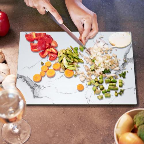 JAMBALAY Tempered Glass Cutting Board for Kitchen 12x 16 White Glass Cutting Board with Design, Marble Chopping Board with Non-Slip Foot, Heat & Shatter Resistant, Dishwasher
