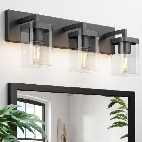 Bathroom Lighting Fixtures Over Mirror, Square Design & Rectangle Large Backplate, 3 Lights Morden Vanity Lighting Fixtures, Bathroom Light Fixtures for Bathroom/Living Room/Bedroom, Black