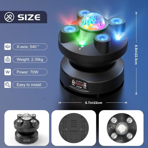 DJ Strobe Party Lights,RGBW 3in1 LEDs Disco Ball Lights Rotatable 540° Rave Light Room Party Lighting Indoor Professional Sound Activated DMX Stage Light for Parties Club Home Bar Birthday KTV