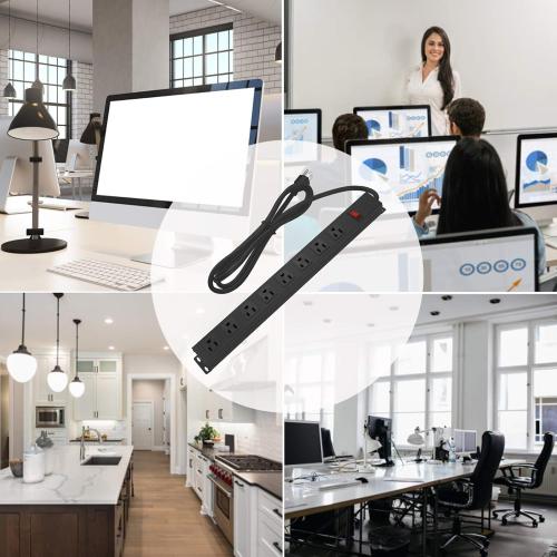 HHSOET Metal 8 Outlet Mountable Power Strip, Wall Mount Outlet Heavy Duty, Wide Spaced Commercial Shop Power Strip with Switch, 15A 125V 1875W, 6 FT SJT 14AWG Power Cord.(Black)