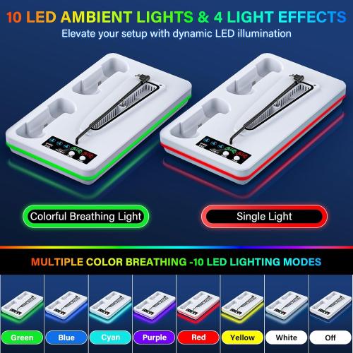 for PS5/PS5 Slim/PS5 Pro Stand and Cooling Station with Controller Charging Station for PlayStation 5 Slim&Standard Disc/Digital Console, 10 Light for PS5 Cooler Accessories Incl 3 Levels Cooling Fan