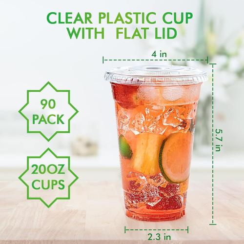 Lilymicky [90 Sets] 20 oz Clear Plastic Cups With Flat Lids, Disposable Drinking Cups, 20 oz Plastic Cups for Ice Coffee, Smoothie, Slurpee, or Any Cold Drinks