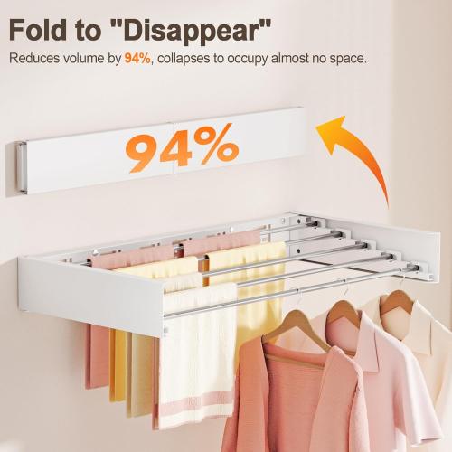 Wall Mounted Clothes Drying Rack Folding Indoor, Foldable Laundry Drying Rack Collapsible,Invisible, Space Saving, Retractable Towel Drying Rack, with Wall Template(5 Drying Rods, White 32)